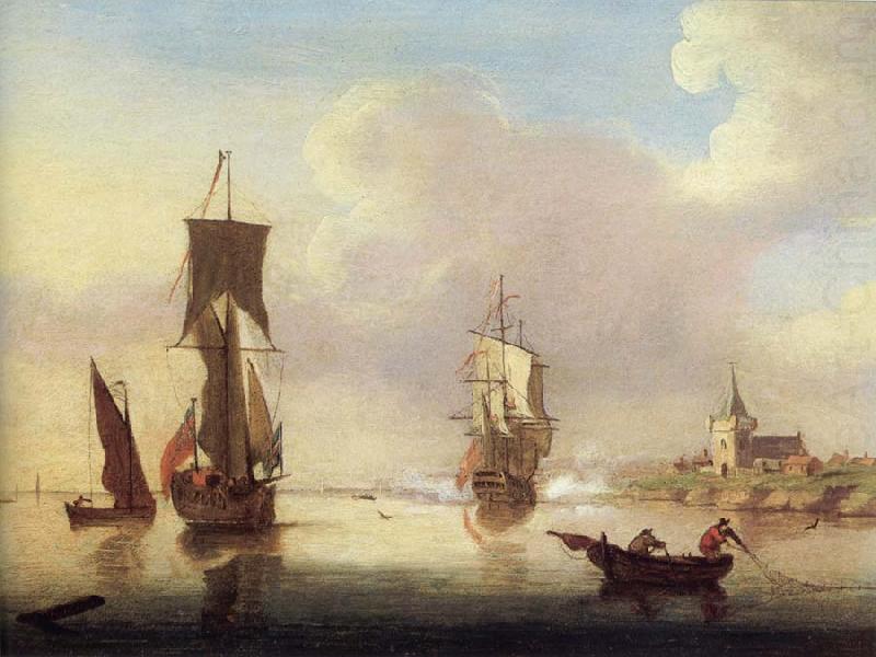 Francis Swaine A yacht and a small man-o-war in a calm river near a church china oil painting image